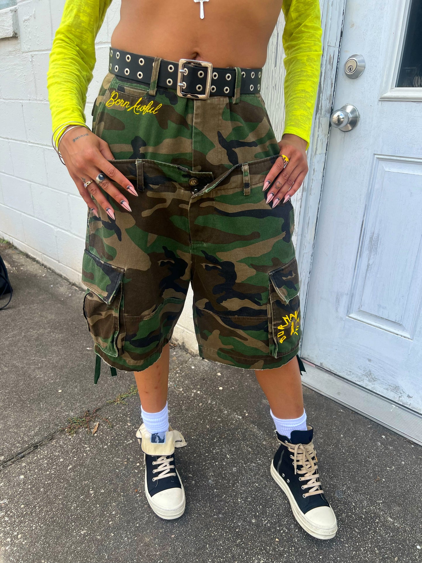 “WAR READY” CAMO CARGO SHORTS